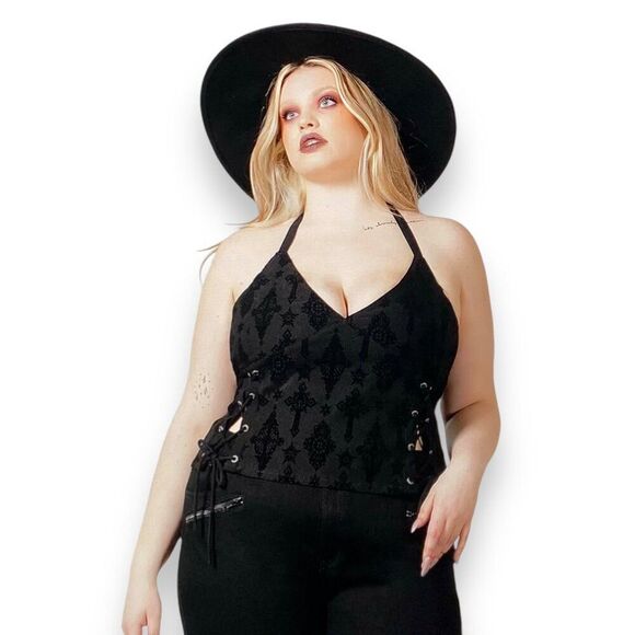 Killstar Black Velour Stars and Cross Halter Crop Top - NEW - Picture 1 of 3